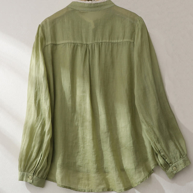 Camisa de lino y algodón para mujer con mangas largas tipo farol y diseño de encaje de colores puros con Buddha Stones - image 1