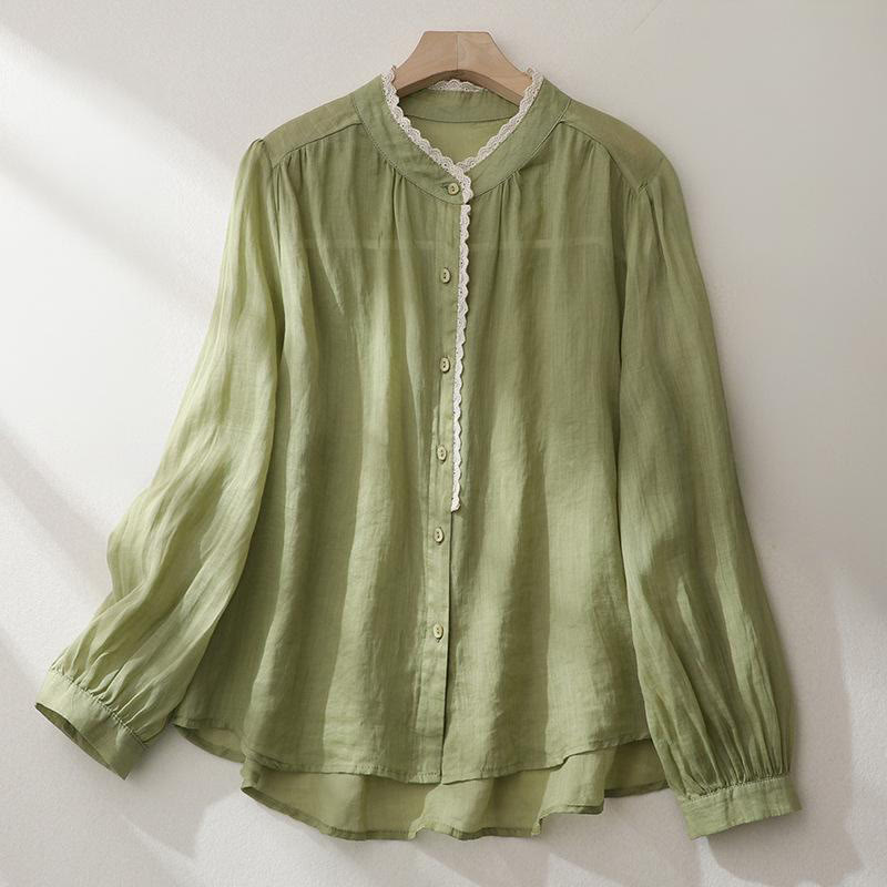 Camisa de lino y algodón para mujer con mangas largas tipo farol y diseño de encaje de colores puros con Buddha Stones - AmarilloVerde - US14，UK/AU18，EU46 (2XL) - image 0