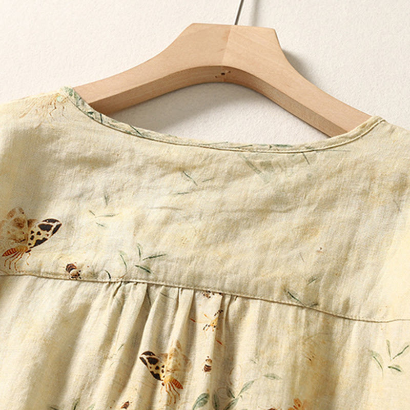 Camisa de lino y algodón para mujer con mangas largas tipo farol y botones de rana china con diseño de Buddha Stones de viaje - image 5