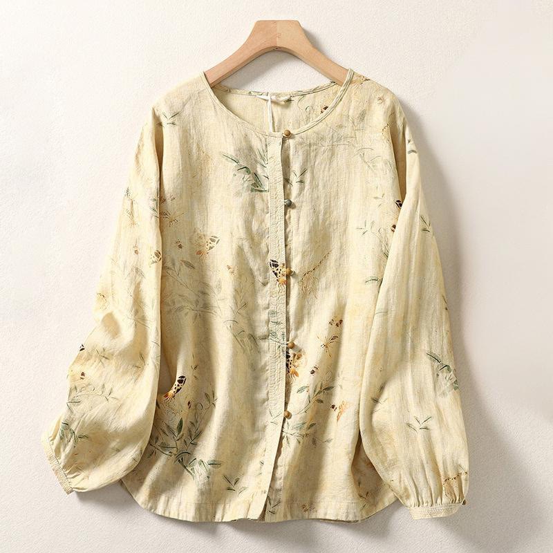 Camisa de lino y algodón para mujer con mangas largas tipo farol y botones de rana china con diseño de Buddha Stones de viaje - LimónChiffon - US12, UK/AU16, EU44 (2XL) - image 1
