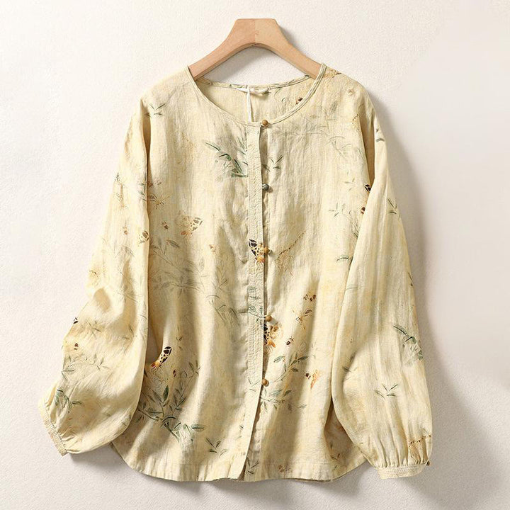 Camisa de lino y algodón para mujer con mangas largas tipo farol y botones de rana china con diseño de Buddha Stones de viaje - LimónChiffon - US12, UK/AU16, EU44 (2XL) - image 1
