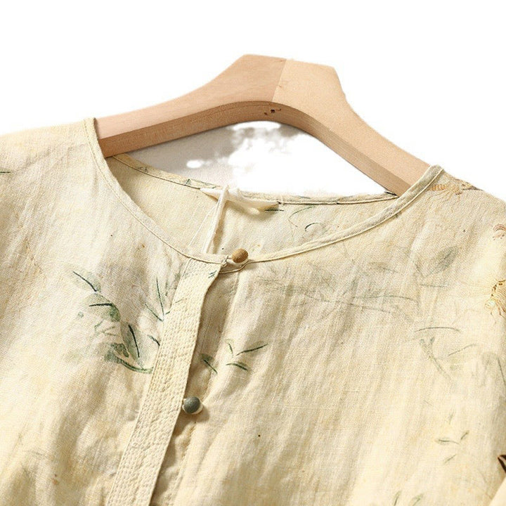 Camisa de lino y algodón para mujer con mangas largas tipo farol y botones de rana china con diseño de Buddha Stones de viaje - image 4