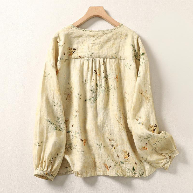 Camisa de lino y algodón para mujer con mangas largas tipo farol y botones de rana china con diseño de Buddha Stones de viaje - image 2