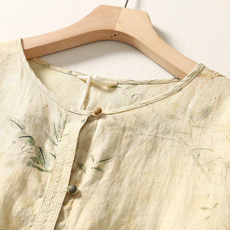 Camisa de lino y algodón para mujer con mangas largas tipo farol y botones de rana china con diseño de Buddha Stones de viaje - image 3