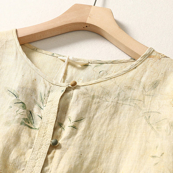 Camisa de lino y algodón para mujer con mangas largas tipo farol y botones de rana china con diseño de Buddha Stones de viaje - image 3