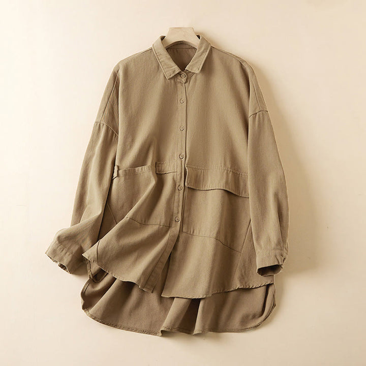 Chaqueta de lino y algodón de manga larga para mujer con solapa y bolsillos, diseño irregular de Buddha Stones Fall - Caqui - US14，UK/AU18，EU46 (2XL) - image 0