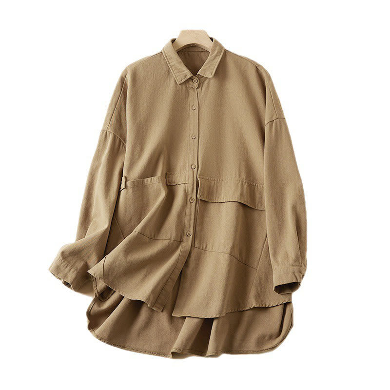 Chaqueta de lino y algodón de manga larga para mujer con solapa y bolsillos, diseño irregular de Buddha Stones Fall - image 8