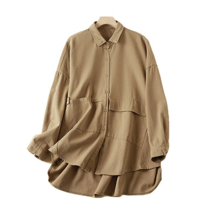 Chaqueta de lino y algodón de manga larga para mujer con solapa y bolsillos, diseño irregular de Buddha Stones Fall - image 8