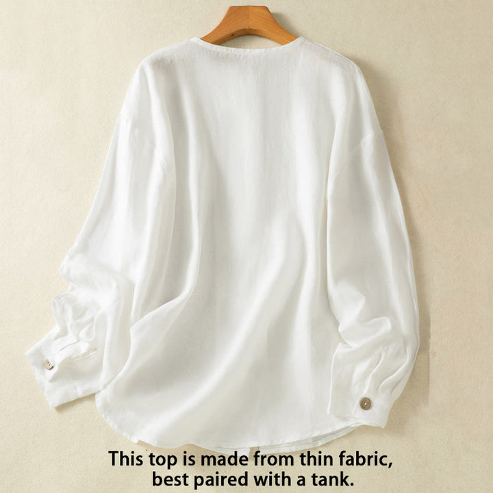Camisa de lino y algodón para mujer, de manga larga, con cuello en V y botones lisos de primavera y Buddha Stones - image 10