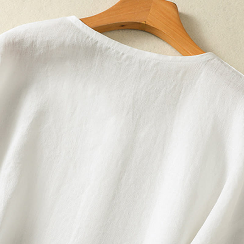 Camisa de lino y algodón para mujer, de manga larga, con cuello en V y botones lisos de primavera y Buddha Stones - image 13