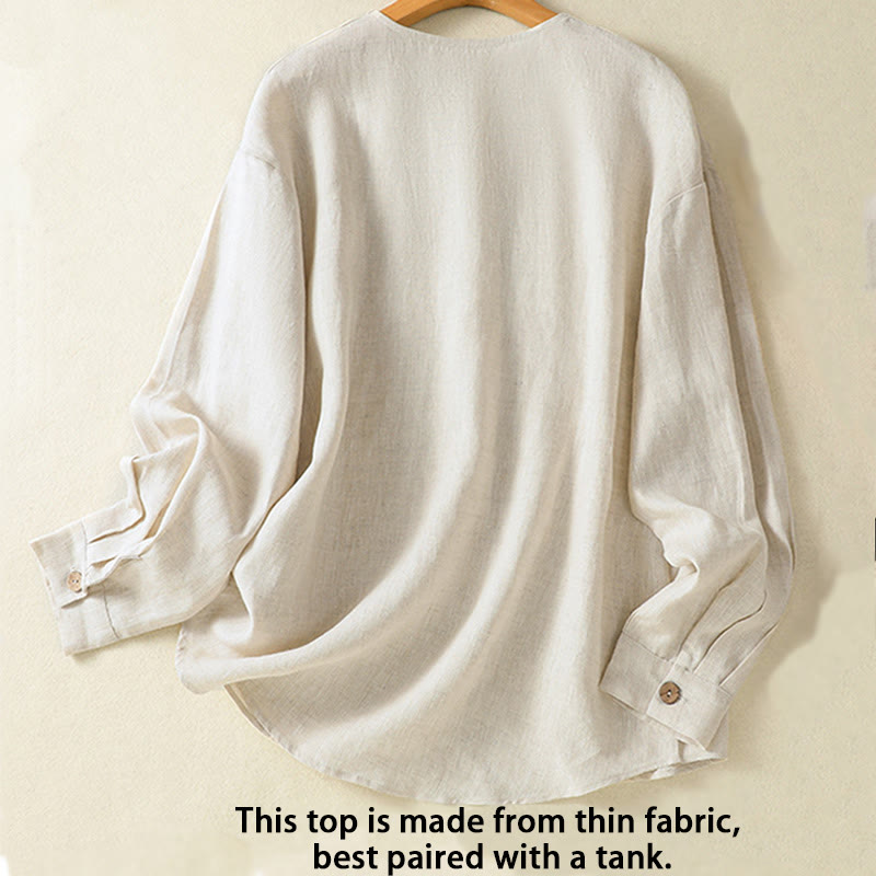 Camisa de lino y algodón para mujer, de manga larga, con cuello en V y botones lisos de primavera y Buddha Stones - image 1