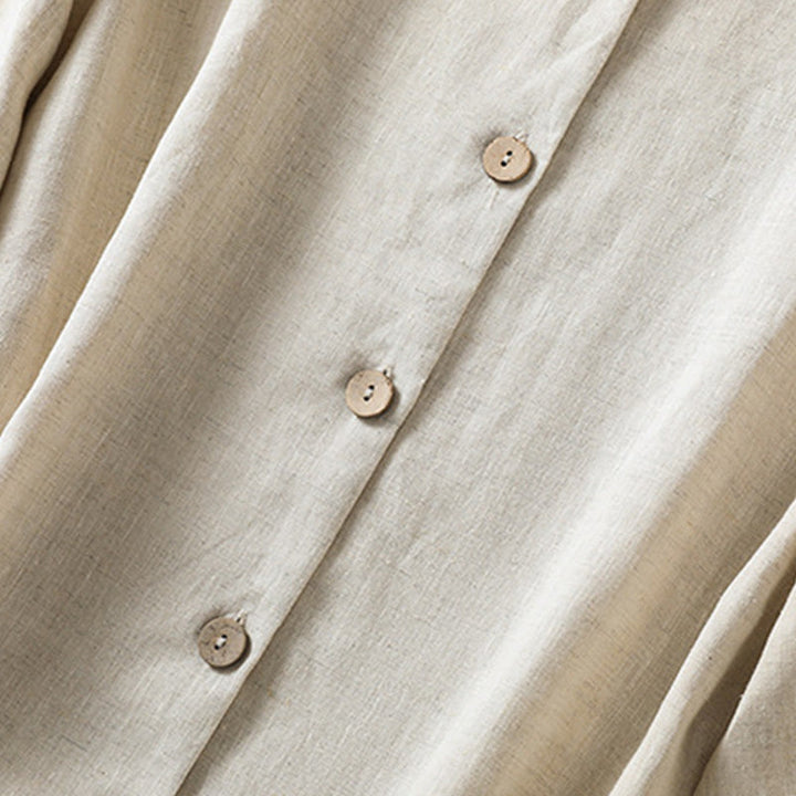 Camisa de lino y algodón para mujer, de manga larga, con cuello en V y botones lisos de primavera y Buddha Stones - image 5