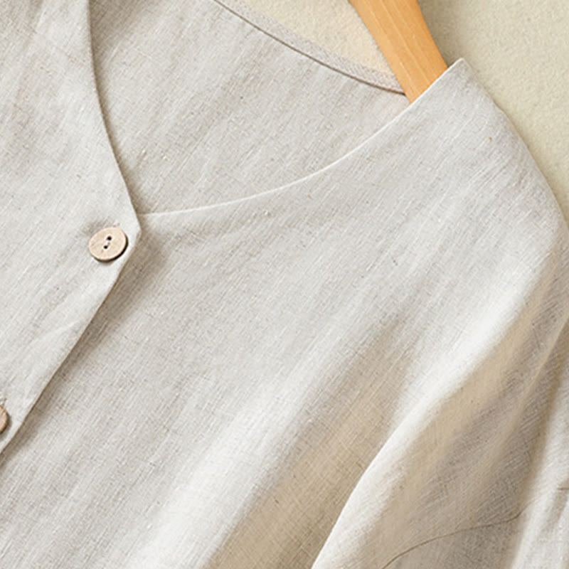 Camisa de mujer de manga larga con cuello en V, diseño sencillo de botones y estampado de Buddha Stones para primavera. - image 3