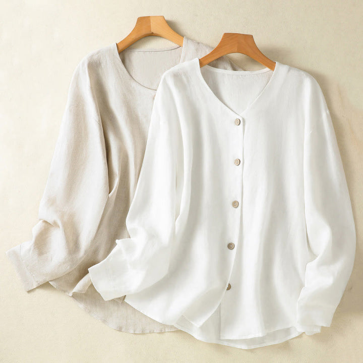 Camisa de mujer de manga larga con cuello en V, diseño sencillo de botones y estampado de Buddha Stones para primavera. - image 18
