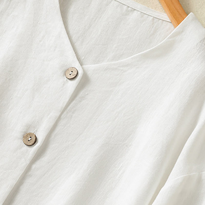 Camisa de lino y algodón para mujer, de manga larga, con cuello en V y botones lisos de primavera y Buddha Stones - image 12