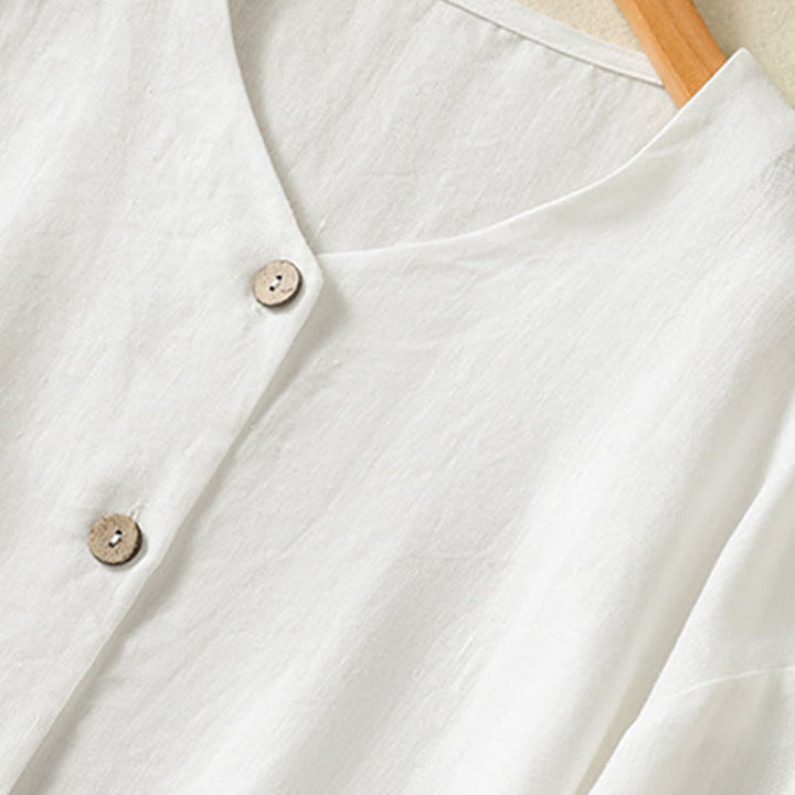 Camisa de lino y algodón para mujer, de manga larga, con cuello en V y botones lisos de primavera y Buddha Stones - image 12