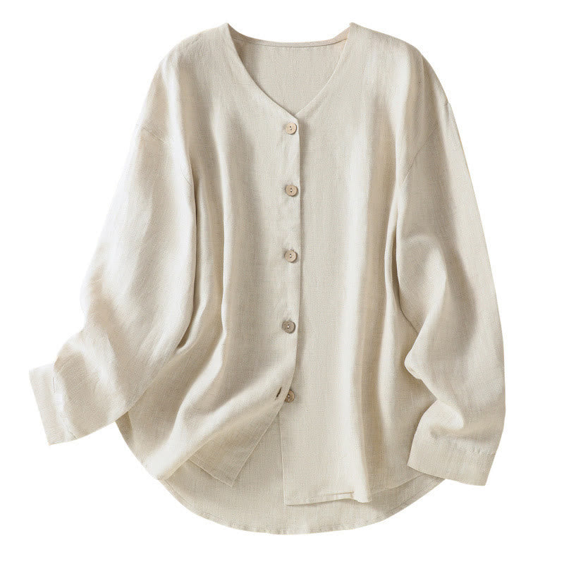 Camisa de lino y algodón para mujer, de manga larga, con cuello en V y botones lisos de primavera y Buddha Stones - image 8