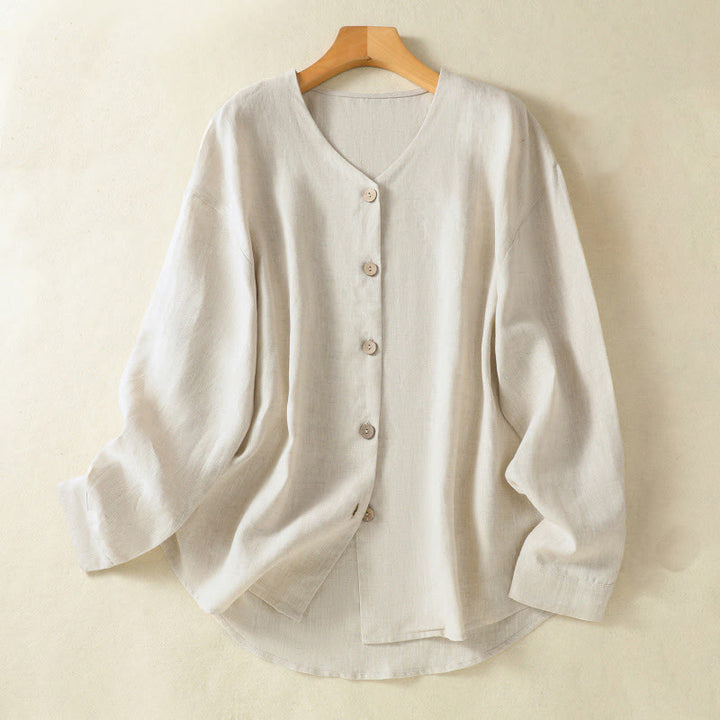 Camisa de lino y algodón para mujer, de manga larga, con cuello en V y botones lisos de primavera y Buddha Stones - Lino - US14，UK/AU18，EU46 (2XL) - image 0