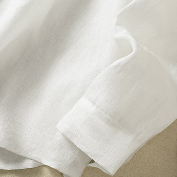 Camisa de lino y algodón para mujer, de manga larga, con cuello en V y botones lisos de primavera y Buddha Stones - image 17