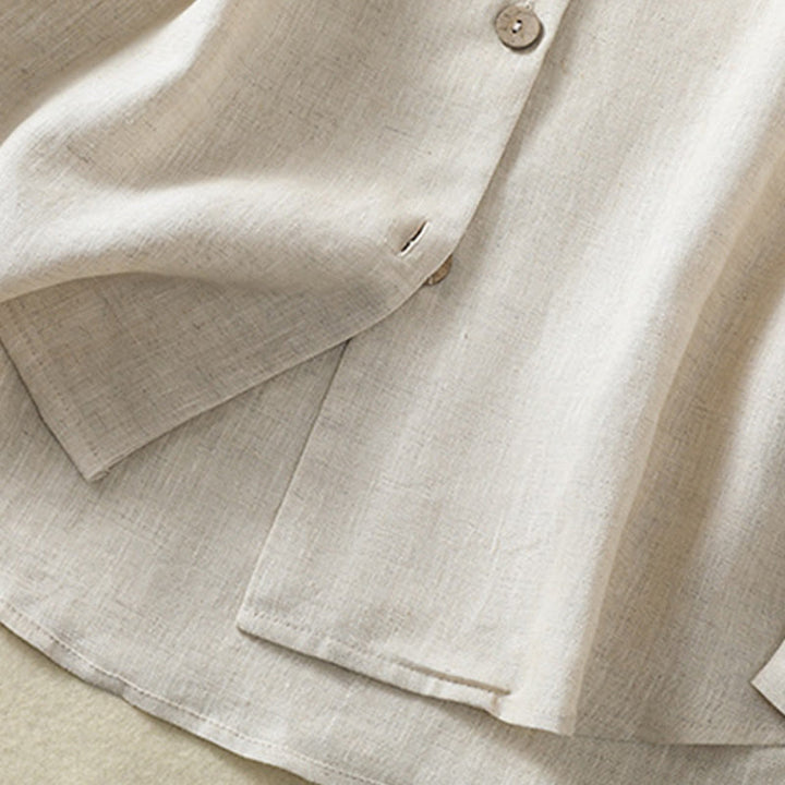 Camisa de lino y algodón para mujer, de manga larga, con cuello en V y botones lisos de primavera y Buddha Stones - image 6