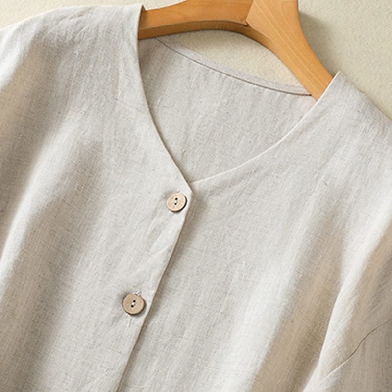 Camisa de mujer de manga larga con cuello en V, diseño sencillo de botones y estampado de Buddha Stones para primavera. - image 2