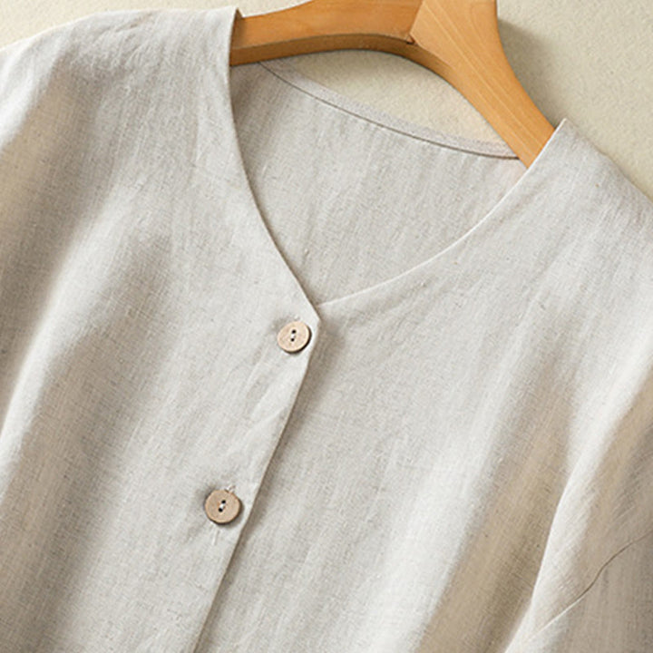 Camisa de mujer de manga larga con cuello en V, diseño sencillo de botones y estampado de Buddha Stones para primavera. - image 2