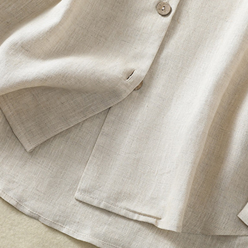 Camisa de lino y algodón para mujer, de manga larga, con cuello en V y botones lisos de primavera y Buddha Stones - image 6
