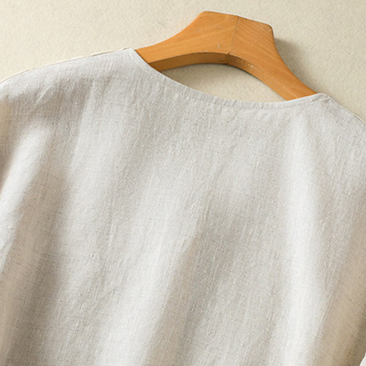 Camisa de lino y algodón para mujer, de manga larga, con cuello en V y botones lisos de primavera y Buddha Stones - image 4