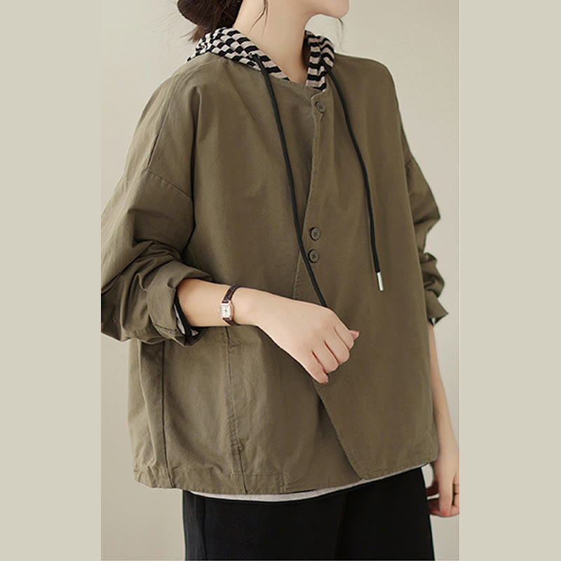 Chaqueta de lino y algodón de manga larga para mujer con diseño asimétrico y sencillo de Buddha Stones Spring con bolsillos - image 14