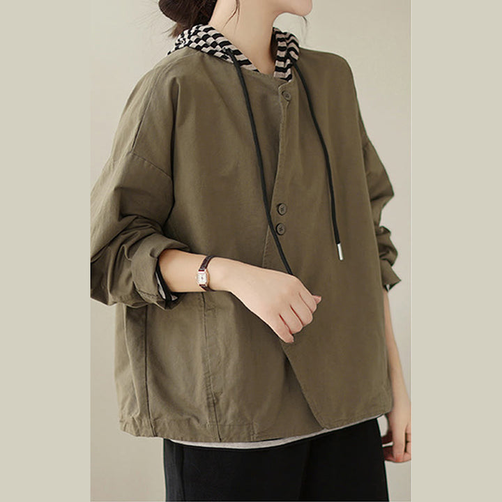 Chaqueta de lino y algodón de manga larga para mujer con diseño asimétrico y sencillo de Buddha Stones Spring con bolsillos - image 14