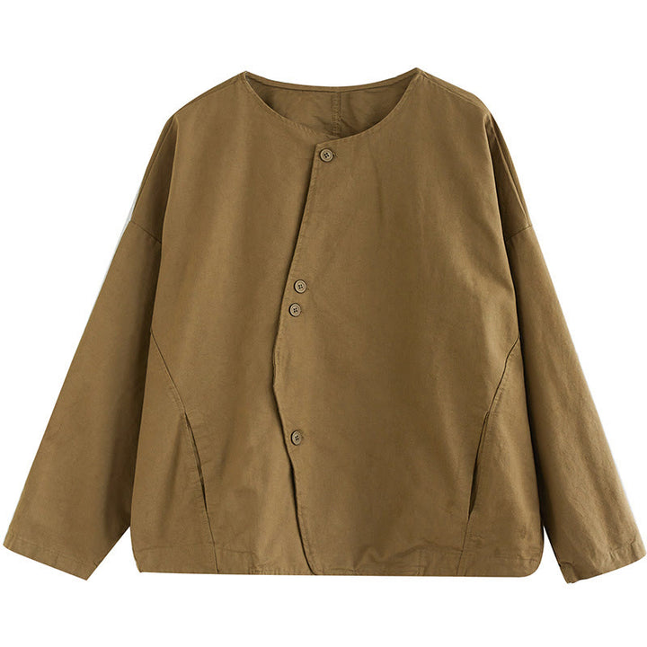 Chaqueta de lino y algodón de manga larga para mujer con diseño asimétrico y sencillo de Buddha Stones Spring con bolsillos - image 10