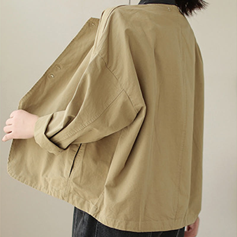 Chaqueta de lino y algodón de manga larga para mujer con diseño asimétrico y sencillo de Buddha Stones Spring con bolsillos - image 1