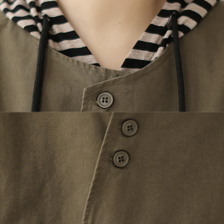 Chaqueta de lino y algodón de manga larga para mujer con diseño asimétrico y sencillo de Buddha Stones Spring con bolsillos - image 18