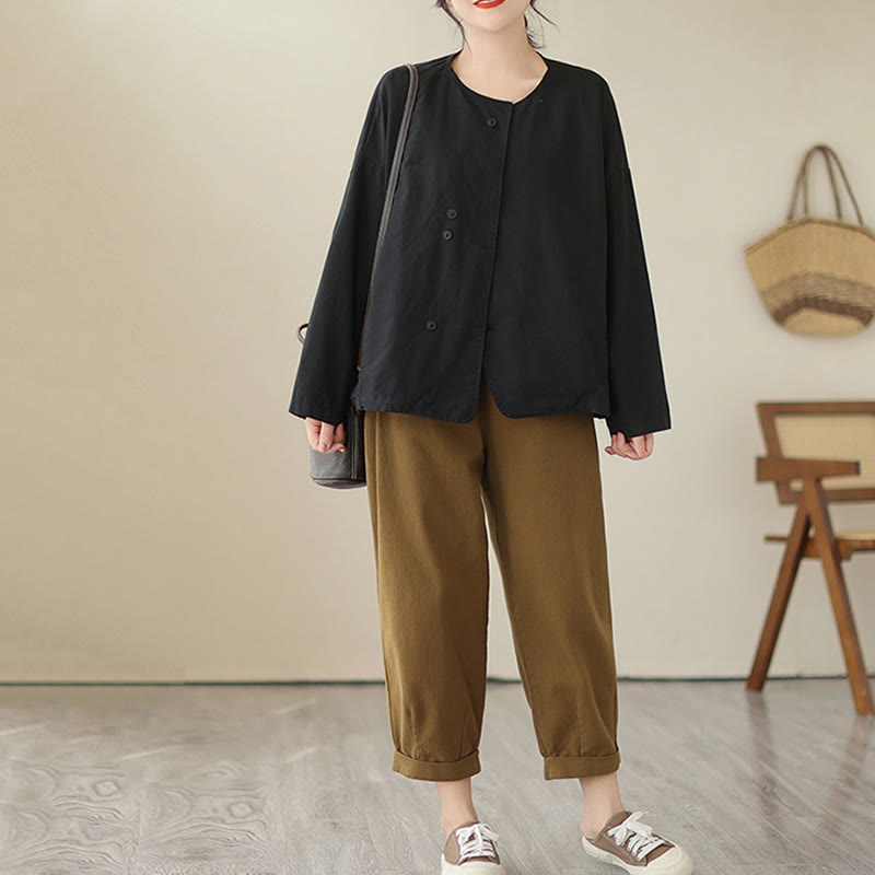 Chaqueta de lino y algodón de manga larga para mujer con diseño asimétrico y sencillo de Buddha Stones Spring con bolsillos - image 23