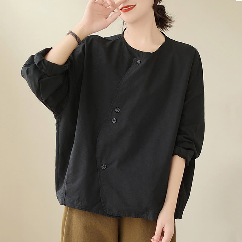 Chaqueta de lino y algodón de manga larga para mujer con diseño asimétrico y sencillo de Buddha Stones Spring con bolsillos - image 21