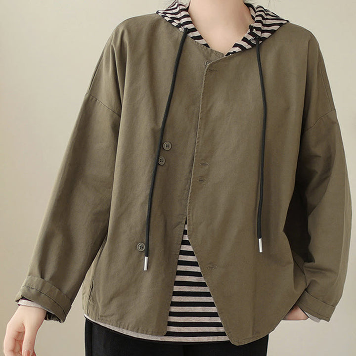 Chaqueta de lino y algodón de manga larga para mujer con diseño asimétrico y sencillo de Buddha Stones Spring con bolsillos - image 15