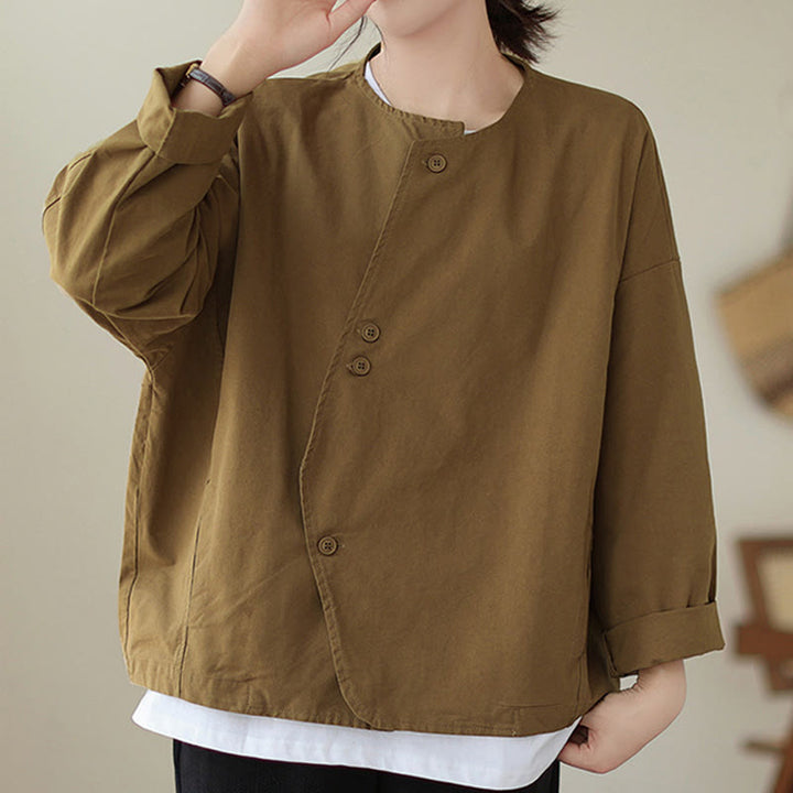 Chaqueta de lino y algodón de manga larga para mujer con diseño asimétrico y sencillo de Buddha Stones Spring con bolsillos - image 6