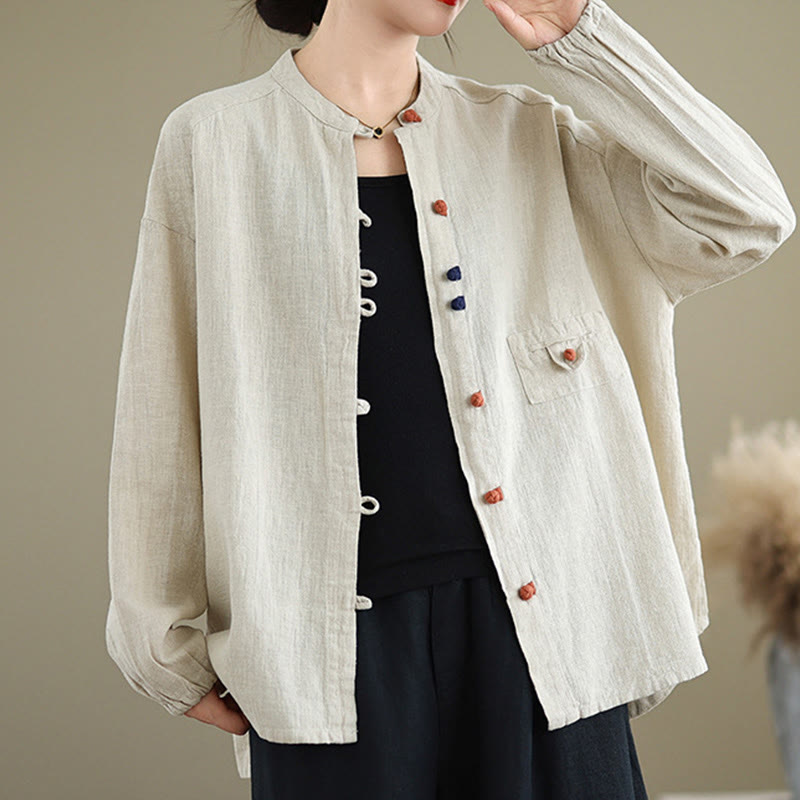 Camisa de lino y algodón de manga larga para mujer con diseño de botones coloridos y Buddha Stones - Beige - US14，UK/AU18，EU46 (2XL) - image 0