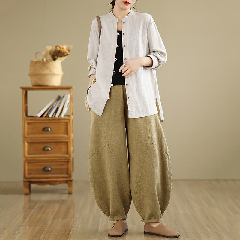 Camisa de lino y algodón de manga larga para mujer con diseño de botones frontales de color liso y Buddha Stones - image 5