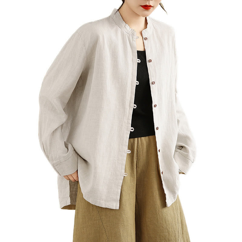 Camisa de lino y algodón de manga larga para mujer con diseño de botones frontales de color liso y Buddha Stones - image 8