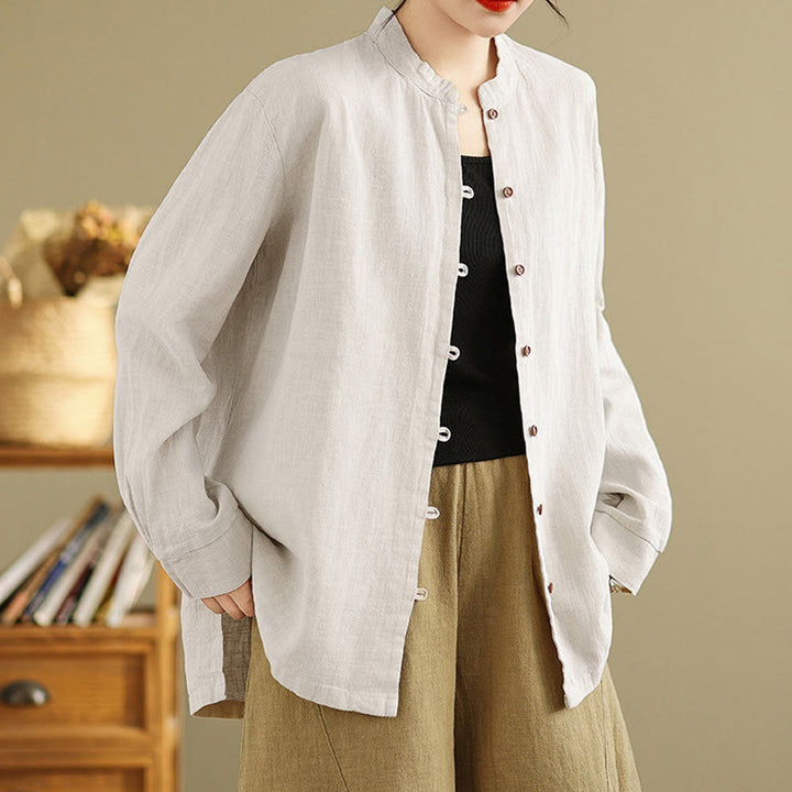 Camisa de lino y algodón de manga larga para mujer con diseño de botones frontales de color liso y Buddha Stones - Lino - US14，UK/AU18，EU46 (2XL) - image 0