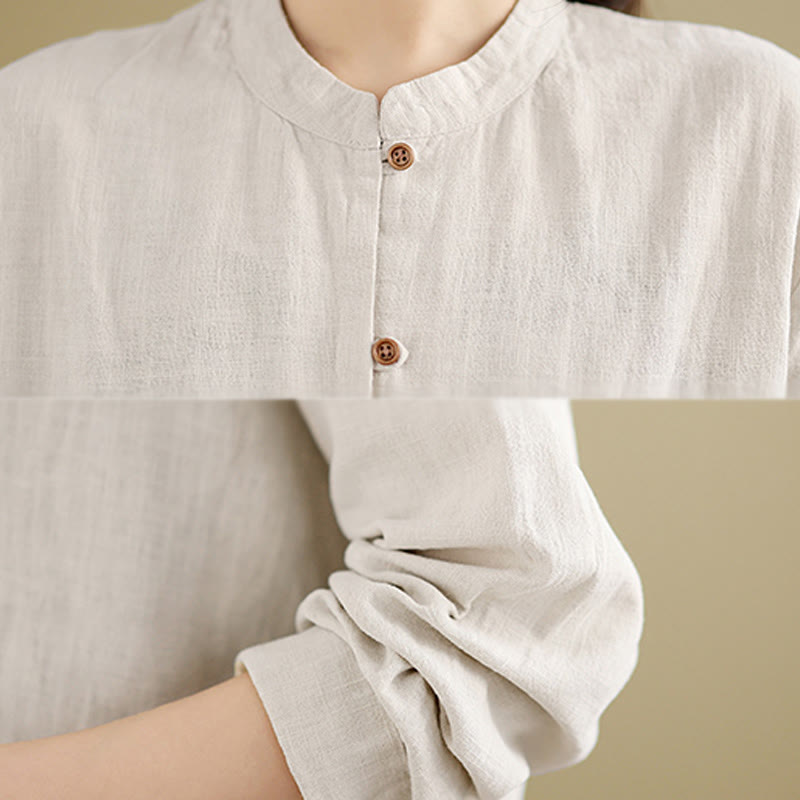 Camisa de lino y algodón de manga larga para mujer con diseño de botones frontales de color liso y Buddha Stones - image 6