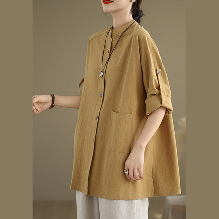 Camisa de lino y algodón de manga larga para mujer con bolsillo y estampado de Buddha Stones Commute en color puro - image 1