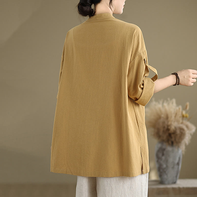 Camisa de lino y algodón de manga larga para mujer con bolsillo y estampado de Buddha Stones Commute en color puro - image 2