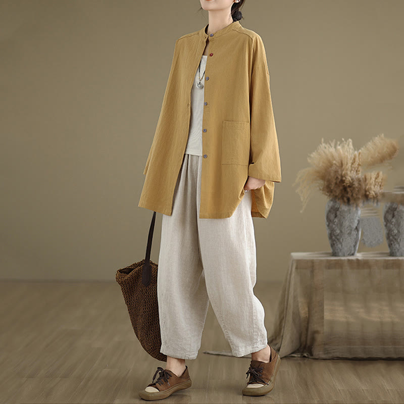 Camisa de lino y algodón de manga larga para mujer con bolsillo y estampado de Buddha Stones Commute en color puro - image 5