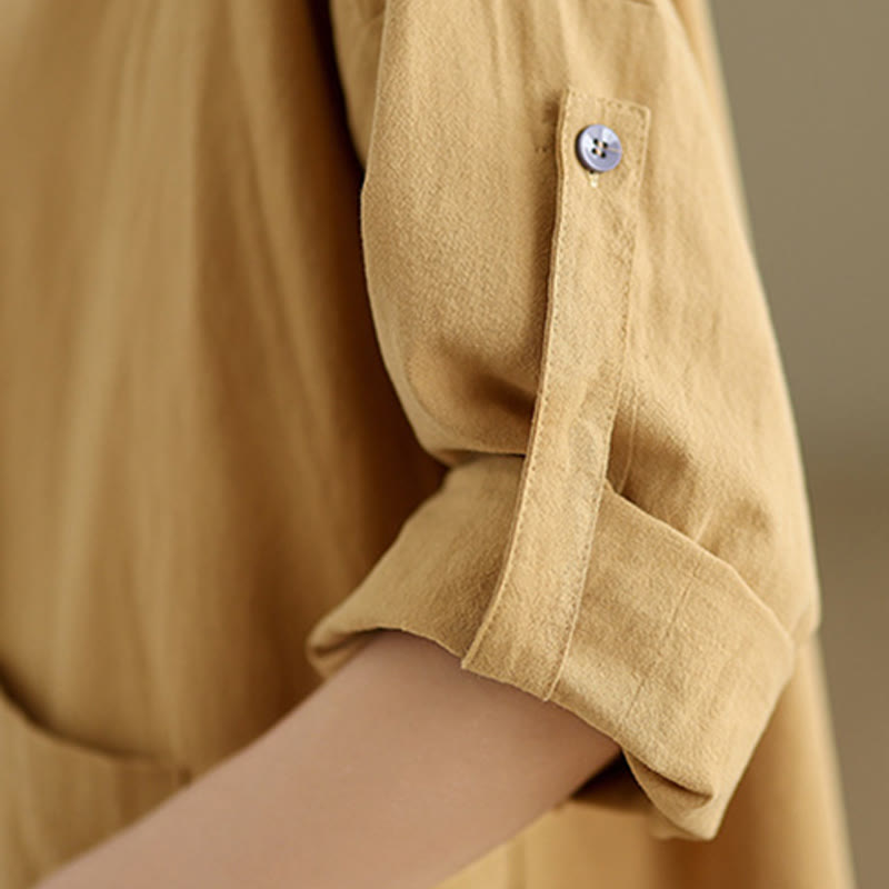 Camisa de lino y algodón de manga larga para mujer con bolsillo y estampado de Buddha Stones Commute en color puro - image 8