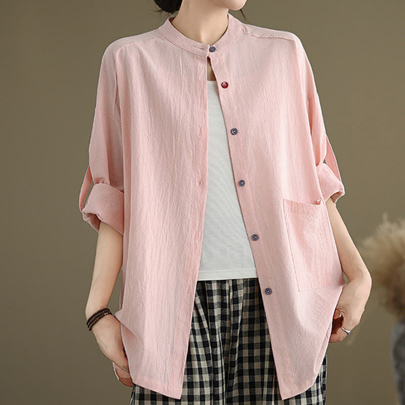 Camisa de lino y algodón de manga larga para mujer con bolsillo y estampado de Buddha Stones Commute en color puro - image 17