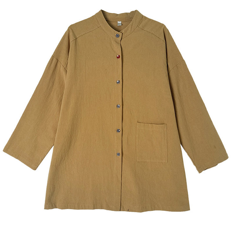 Camisa de lino y algodón de manga larga para mujer con bolsillo y estampado de Buddha Stones Commute en color puro - image 10