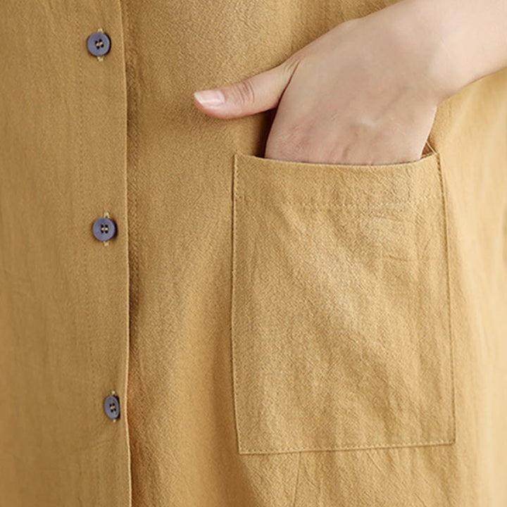 Camisa de lino y algodón de manga larga para mujer con bolsillo y estampado de Buddha Stones Commute en color puro - image 9