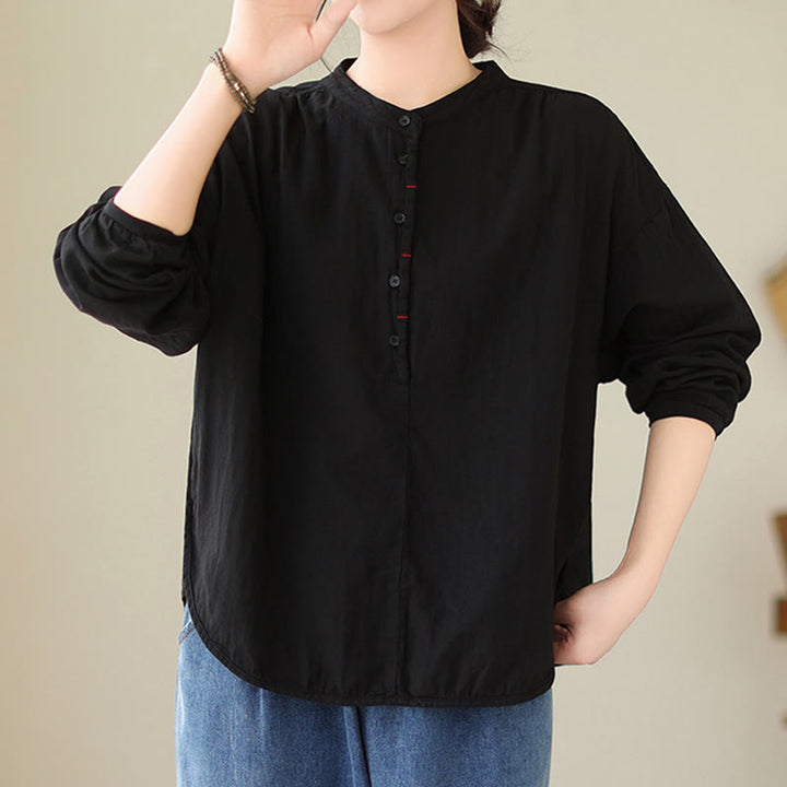 Camisa de manga larga de lino y algodón para mujer, diseño sencillo, con botones y estampado floral de Buddha Stones Commute Spring - image 3